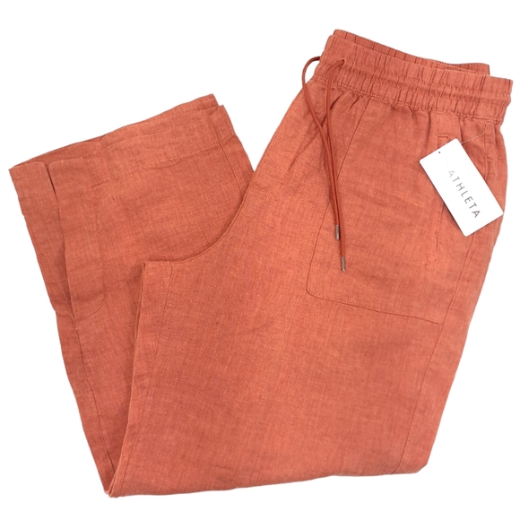 Athleta Retreat Linen Wide Leg Pants Pull On Elastic Pockets Persimmon- Size 18 - Picture 2 of 12